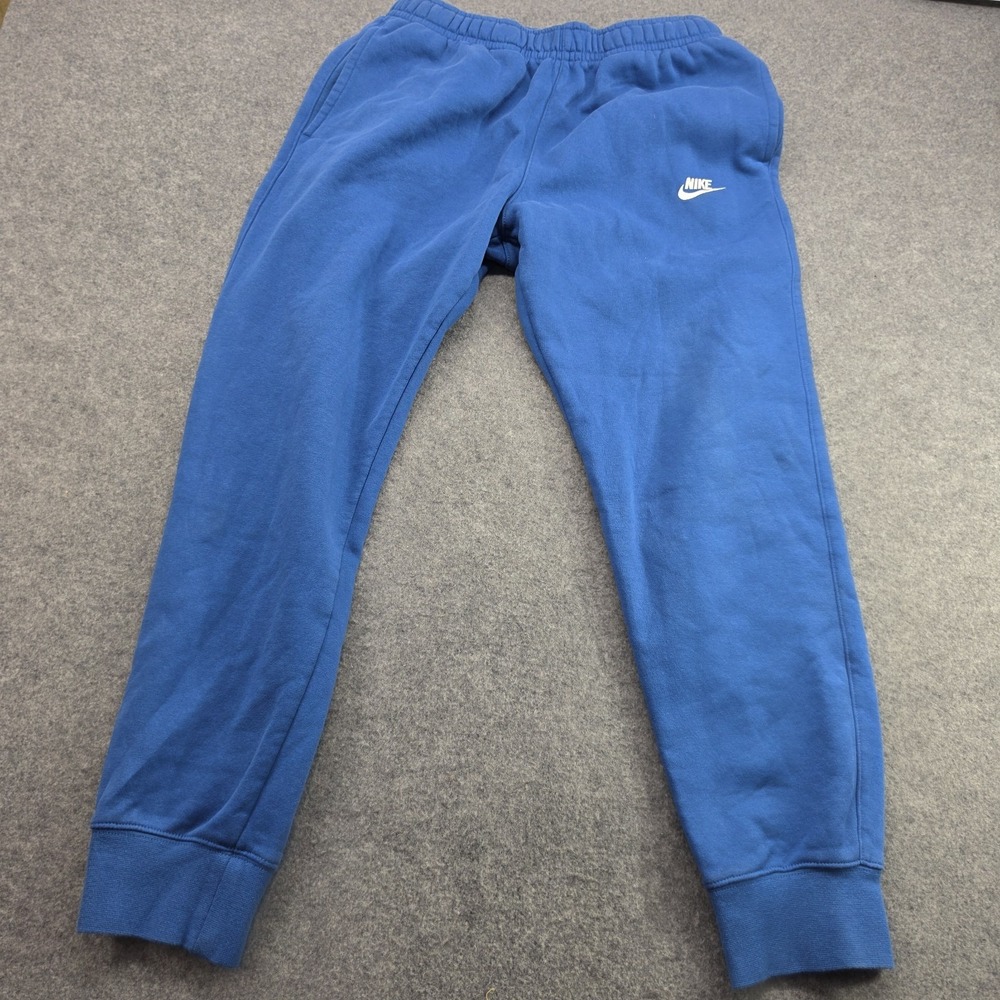 Nike Mens Medium Blue Fleece Sweatpants White Swoosh Logo Tapered Joggers